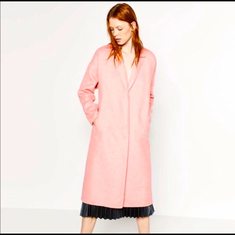 Zara Basic Long Pink Wool Coat With Side Zips